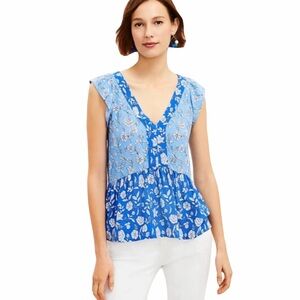 LOFT Blue Floral V-Neck Tiered Babydoll Peplum Ruffle Sleeve Blouse Medium Boho